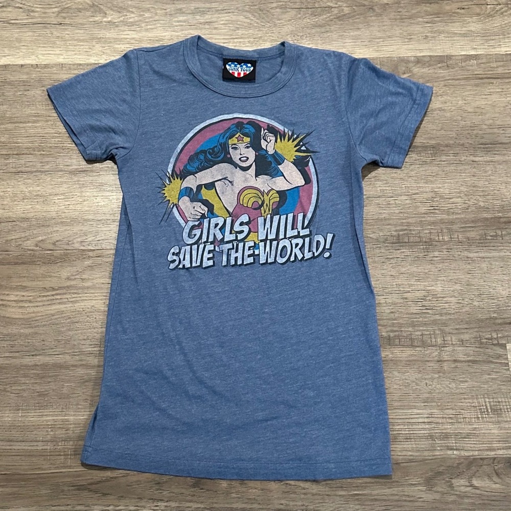 Junk Food Wonder Woman T-Shirt Womens Large Blue "Girls Will Save The World"